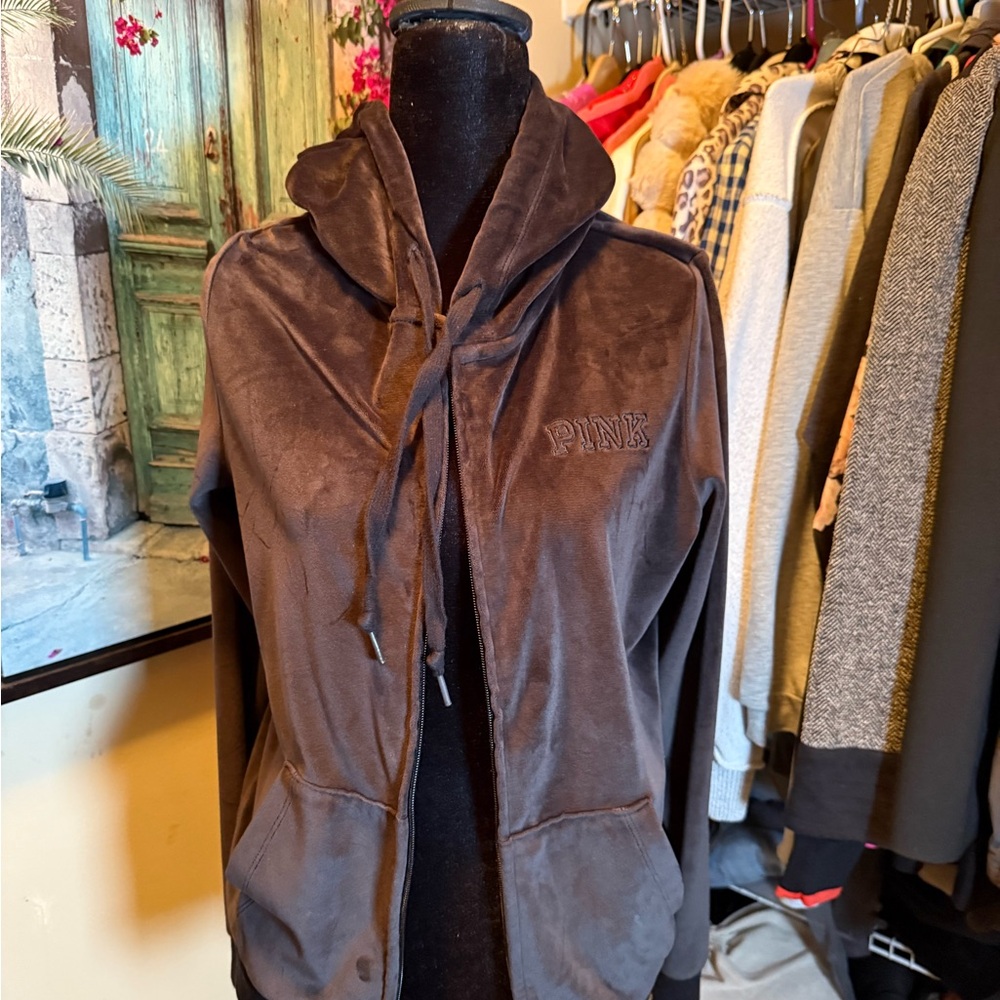 PINK Victoria's Secret Smoky Gray Velour Jacket and pants set.